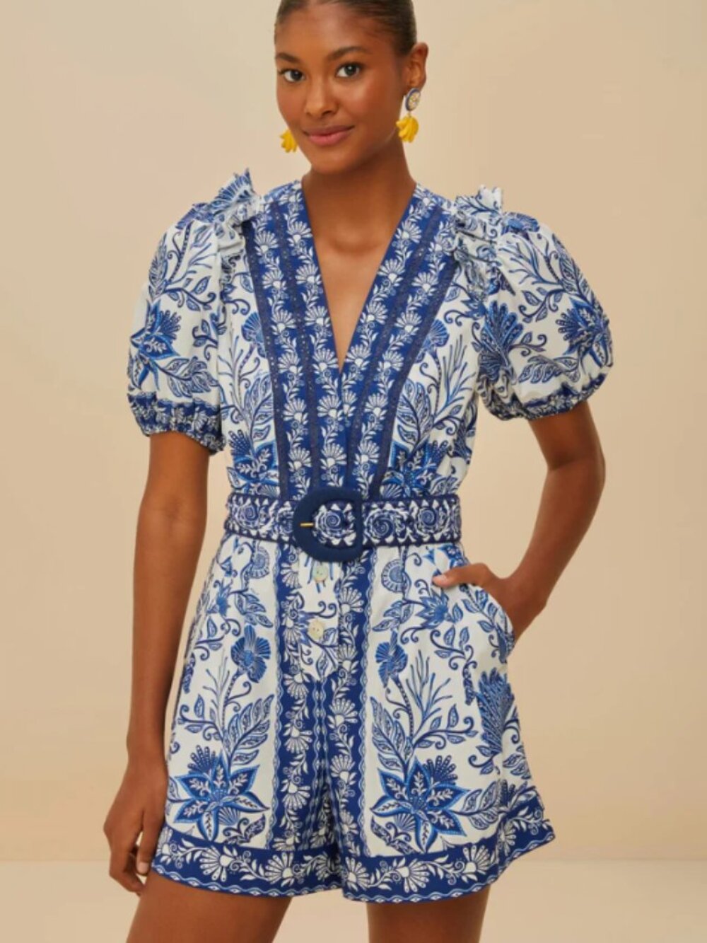 FARM Rio White & Blue Floral Embroidered Short Jumpsuit